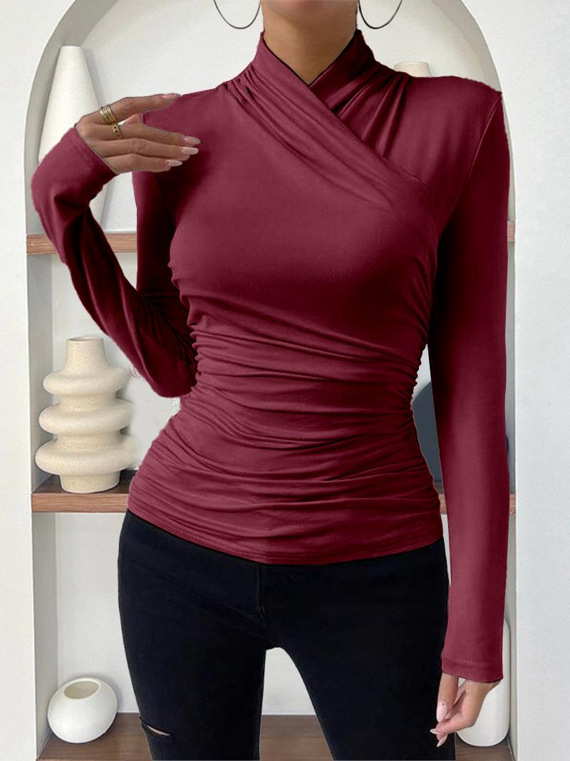 Tops |  Womens Stand Collar Ruched Long Sleeve Tee Clothing Carmine