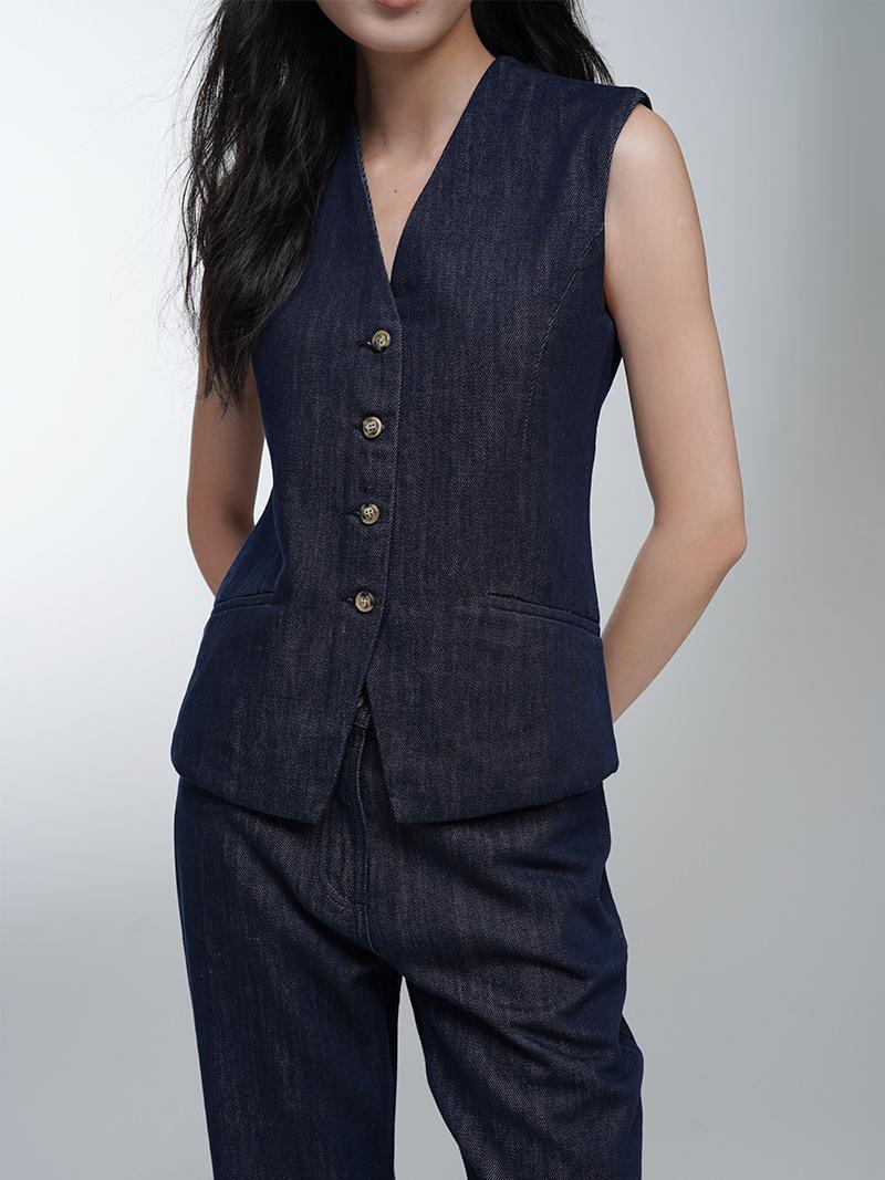 Tops |  Womens Stretch Denim V-Neck Solid Button Belted Vest Clothing Dark denim