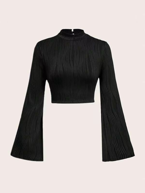 Tops |  Womens Velvet Star Pattern Bell Sleeve Crop Top Clothing Black