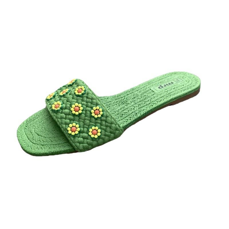 Slippers |  Womens Single Band Crochet Flower Decor Slippers Shoes Black